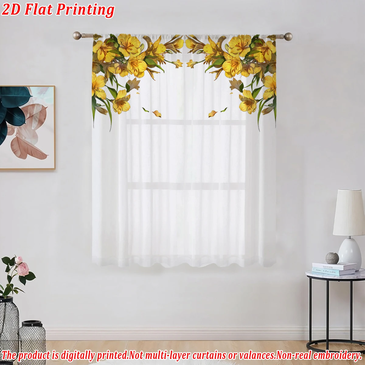 ستارة شفافة بطباعة مسطحة على شكل زهور صفراء، قماش خفيف، لغرفة المعيشة وغرفة النوم وديكور المنزل والنافذة