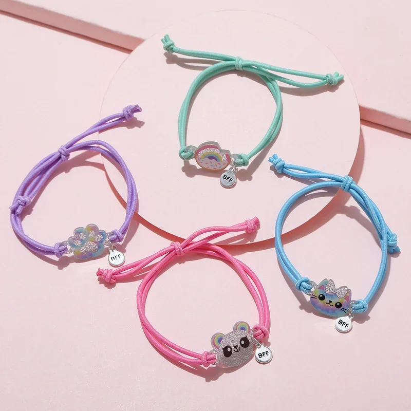 4Pcs/Set Cartoon Cat Bear Shape Best Friends Charms Bracelet Adjustable Elastic Rope Chain Bracelets for Kids Jewelry