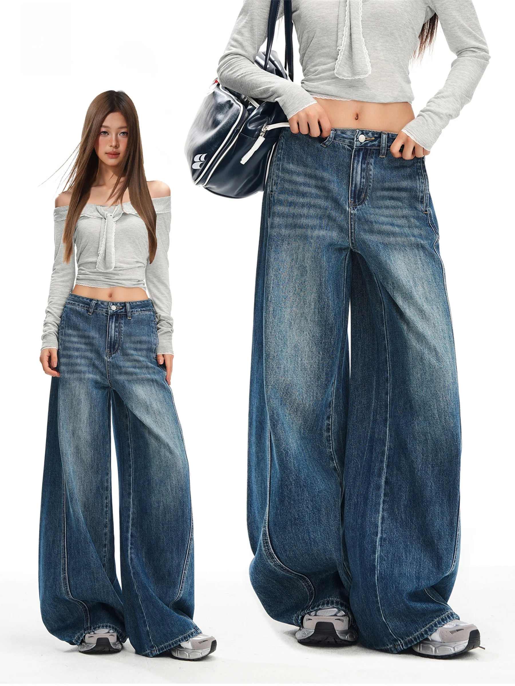 

Женские джинсы с высокой талией, свободного кроя, синие, широкие штанины, прямой крой, скрывающие живот, длиной в пол, повседневные брюки