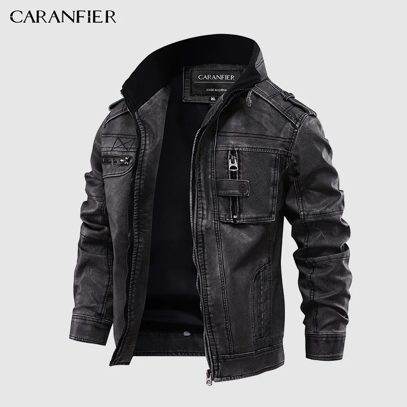 CARANFIER Mens Leather Jackets Original Factory Zipper Pockets Male US Size PU Coats Biker Faux Fashion Outerwear Dropshipping