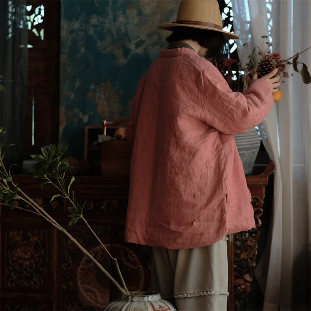 Women's Quilted Lightweight Jacket Loose Retro Casual Outerwear Ramie Frog Button Padded Chinese Style Tang Suit Autumn winter