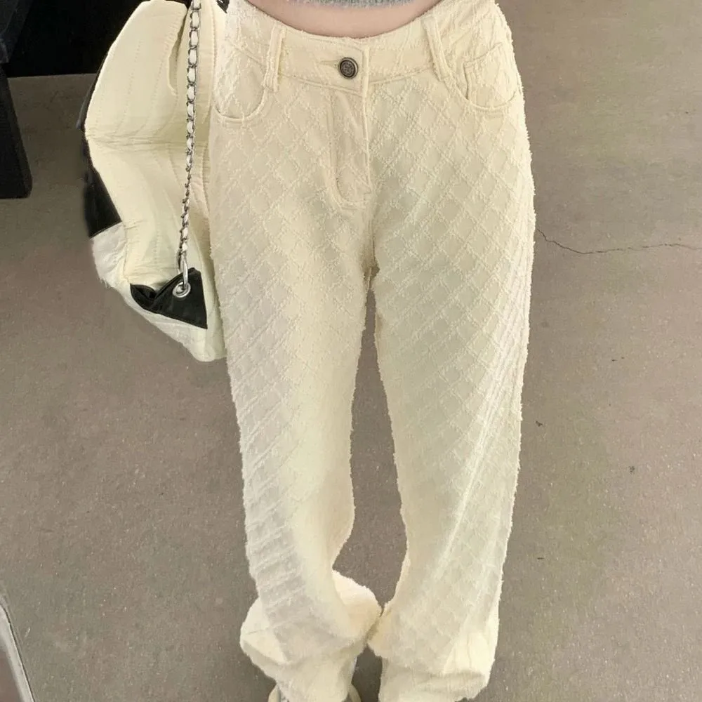 بسيطة شبكة الدينيم الجينز مستقيم الساق فضفاض كاوبوي السراويل الكورية جينز غير رسمي النساء Y2k الطرف