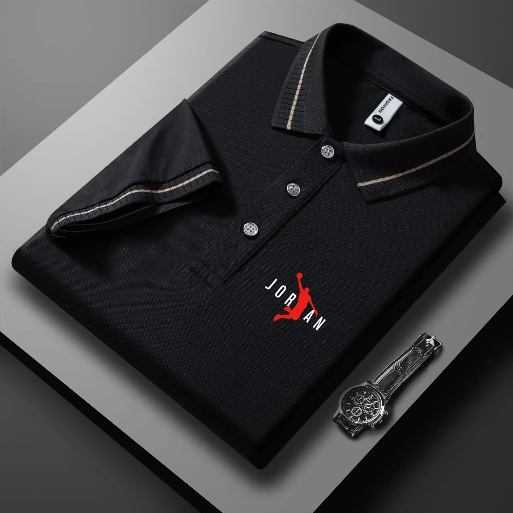 Men's Summer Solid Color Casual Office Breathable Polo Shirt Fashion Brand Men's Business High-Quality Striped Short Sleeved Top