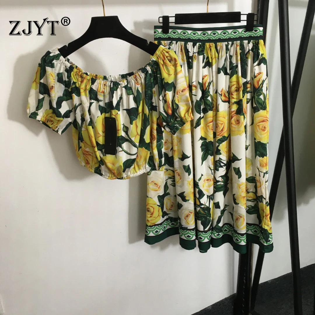 

ZJYT Two Piece Dress Sets Women Floral Print Slash Neck Blouse Skirt Suit Summer Outfit Runway Holiday Conjuntos De Vestidos