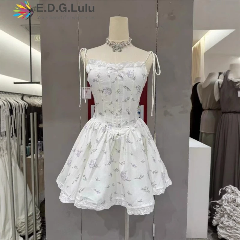 EDGLuLu Sommerkleid mit quadratischem Kragen, Spitze, Spleißen, Hosenträger, Damen, 2022, Strandurlaub, rückenfrei, Blumendruck, Minikleid