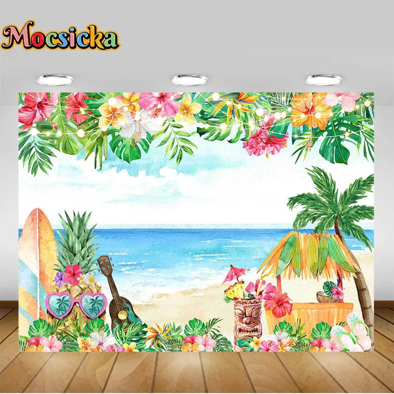 Hawaii Beach Party Decor Backgrounds Coconut Tree Flowers Guitar Pineapple Decoration Prop Newborn Photo Photography Backgrounds