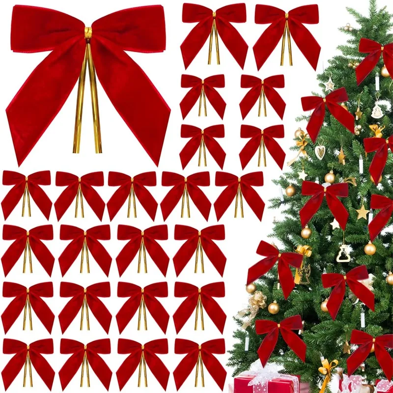 24 Stück rote Samt-Weihnachtsschleifen mit goldenen Drehbändern, Weihnachtsbaum-Hängeschleifen, Ornamente für Kranz, Geschenkbox, Feiertagsdekoration