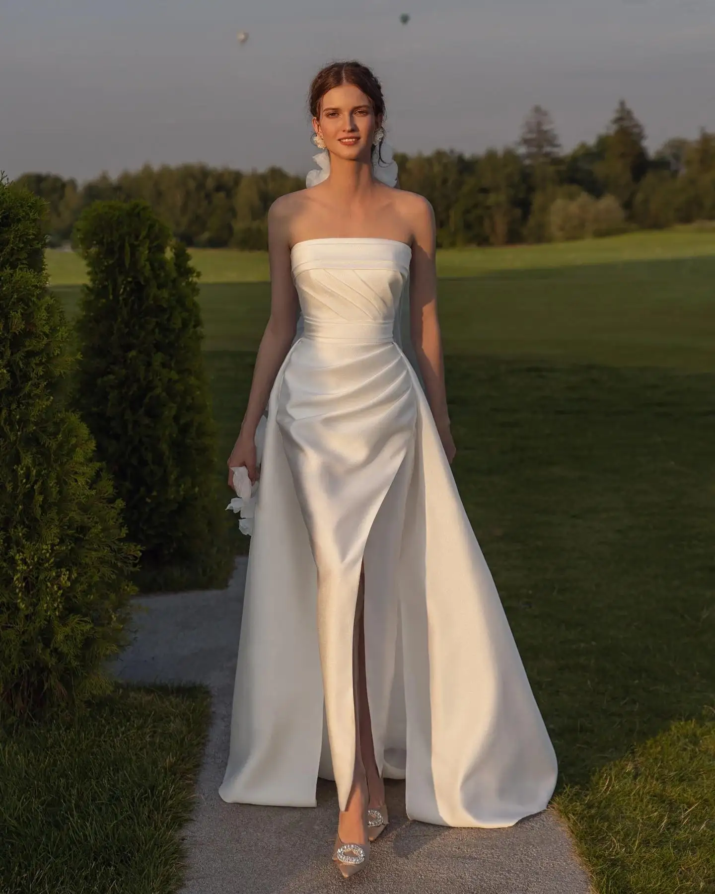 custom Simple White Satin Pleated Wedding Dress 2-piece with Detachable Train Off Shoulder  A-line Bride Prom Party Gown