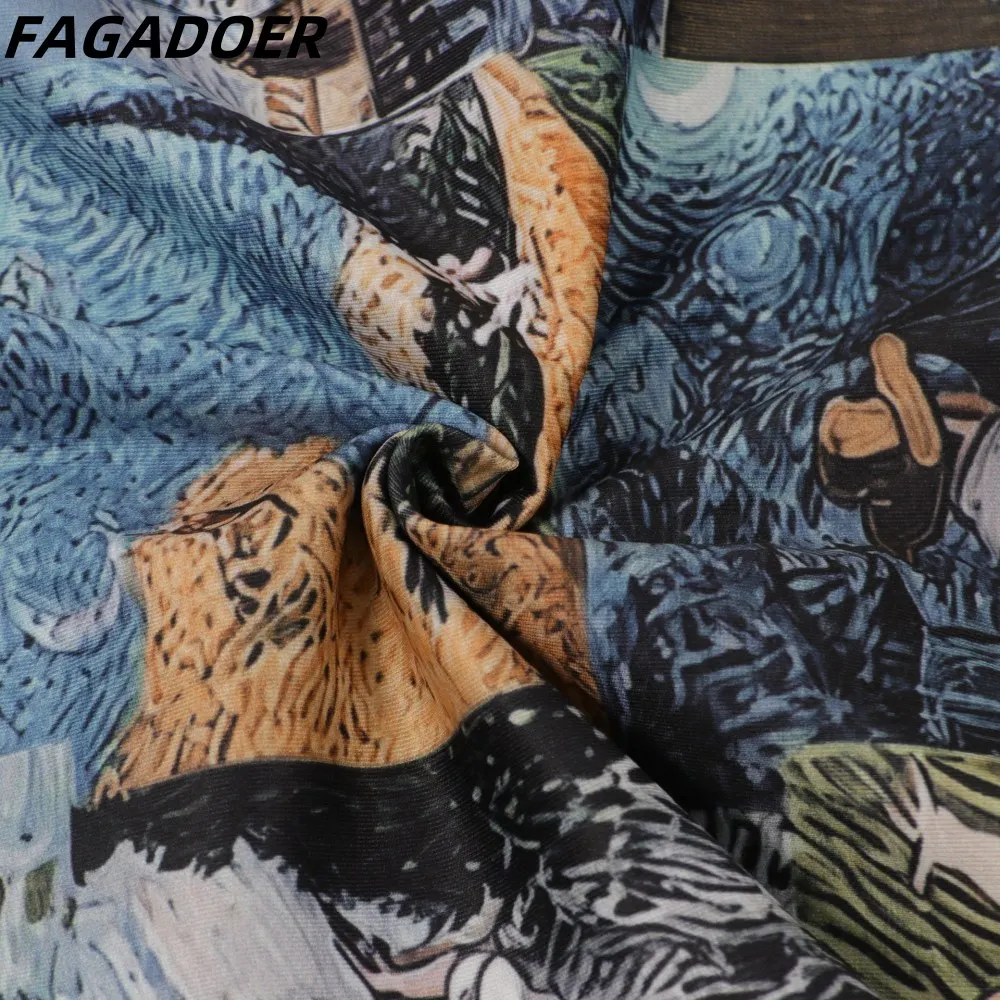 FAGADOER Oil Painting Print 2 Piece Sets Women Outfit Fashion Tube Bandage Top And Straight Pants Suits Streetwear Bottoms New