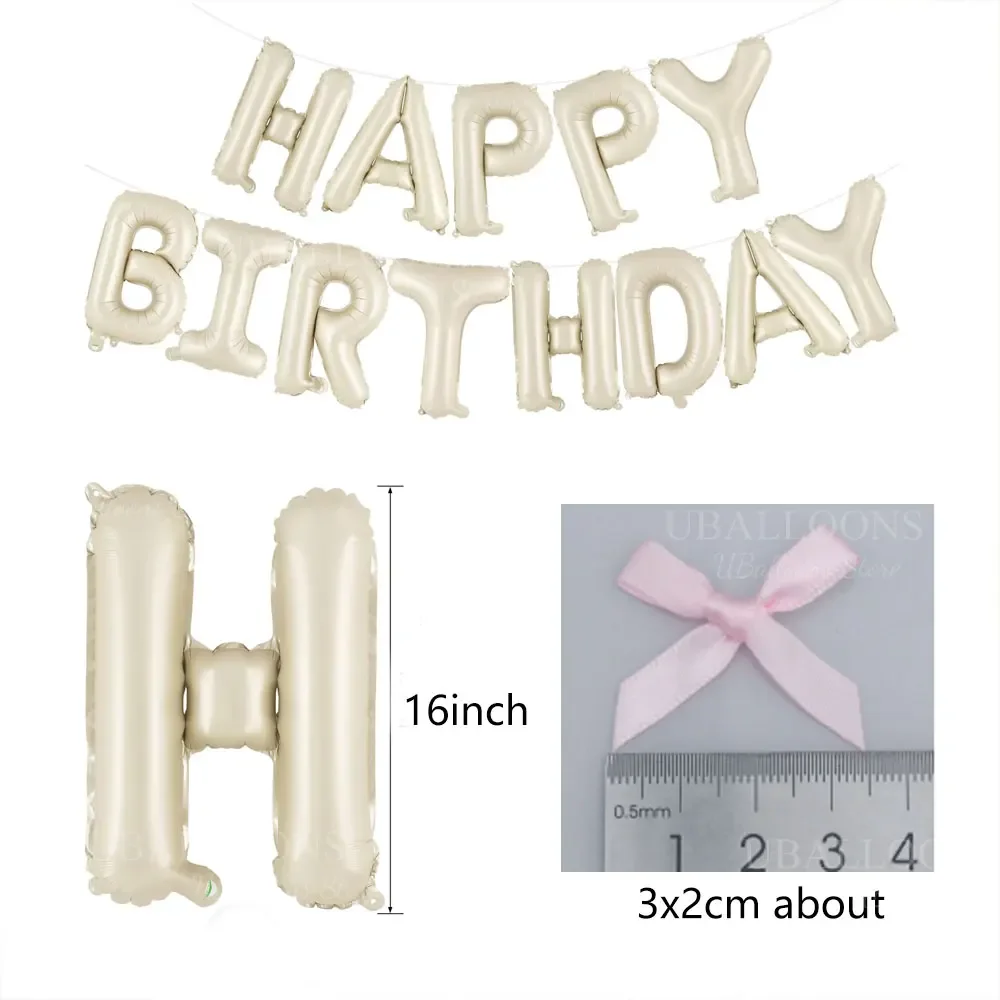 Cremefarbene Happy Birthday Luftballons mit Rosa Schleife 16 Zoll Beige Happy Birthday Buchstaben-Ballonbanner für Coquette Geburtstagsdekoration – Detail 1
