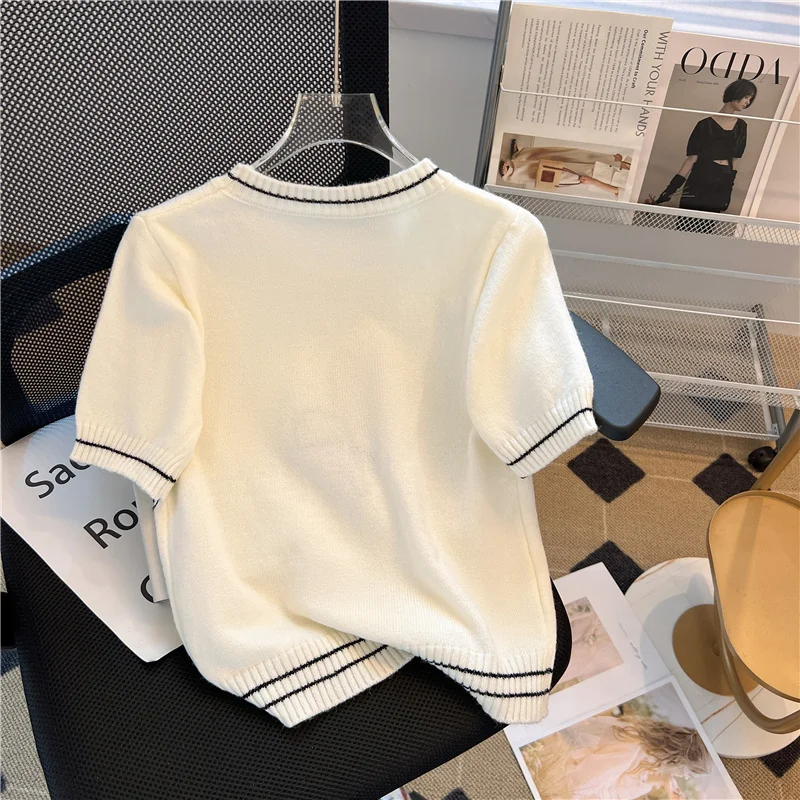 2023 Summer Sweater Women\'s Knit T-Shirt Jumpers Roune Neck Short Sleeve Black White Contrast 3D Love Beading Knitwear Tops Tees