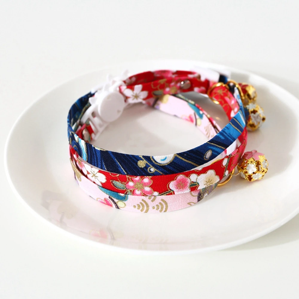 Cat Collars with Hollow Bell Flower Cute Kimono Adjustable Safety Japanese Style Kitten Puppy Collars