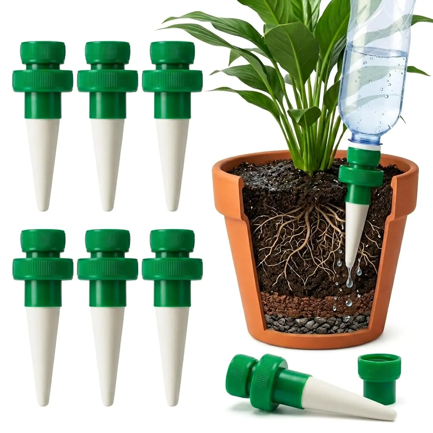 Terracotta Watering Spikes for Plastic Bottles 6PCS Automatic Plant Waterer Devices for Indoor Outdoor Plants Eco-Friendly
