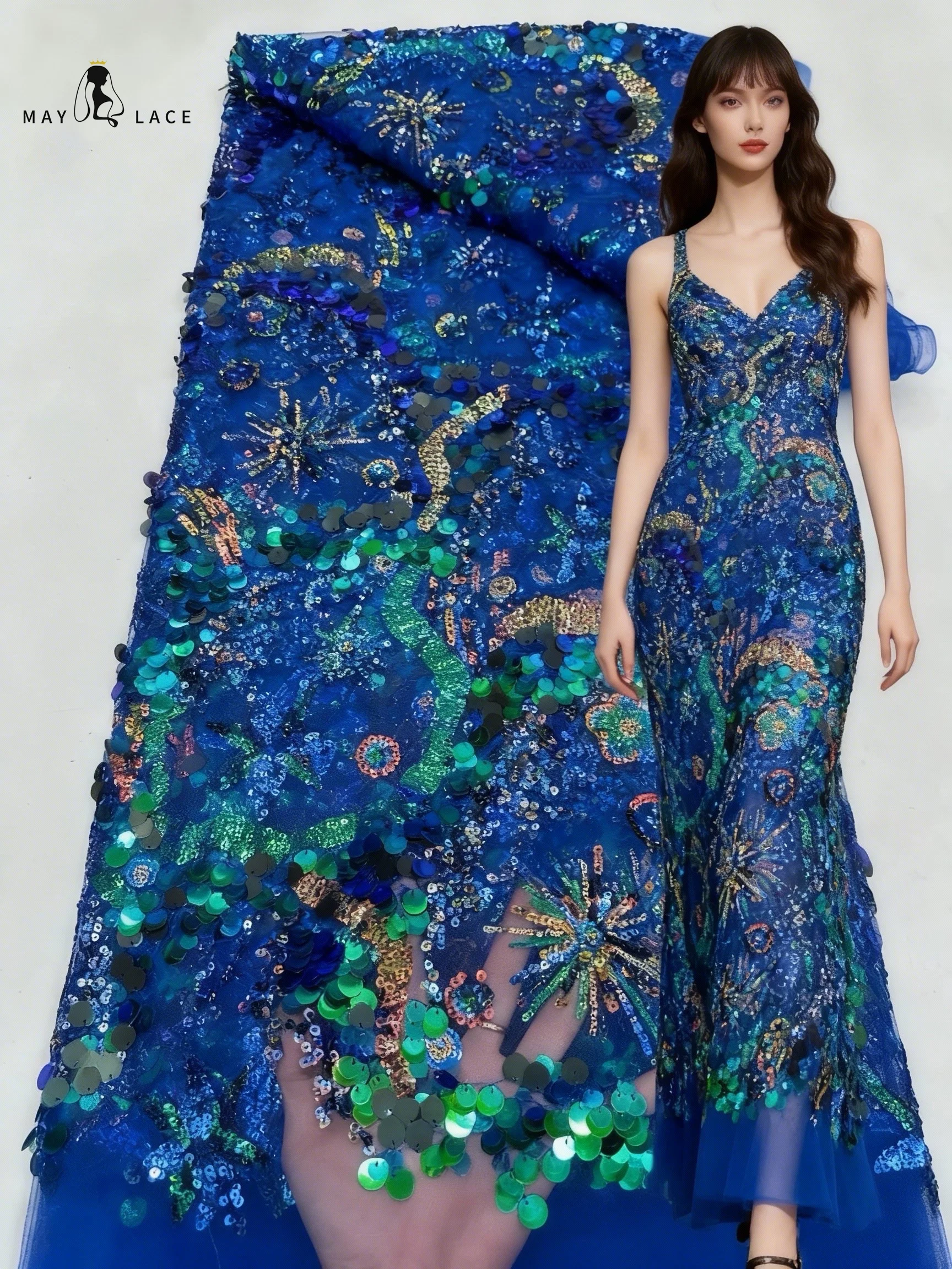 

Royal Blue Sequins Tulle Lace Fabric 2025 High Quality African Sequins Embroidery Nigerian French 5 Yards For Sewing Party Dress
