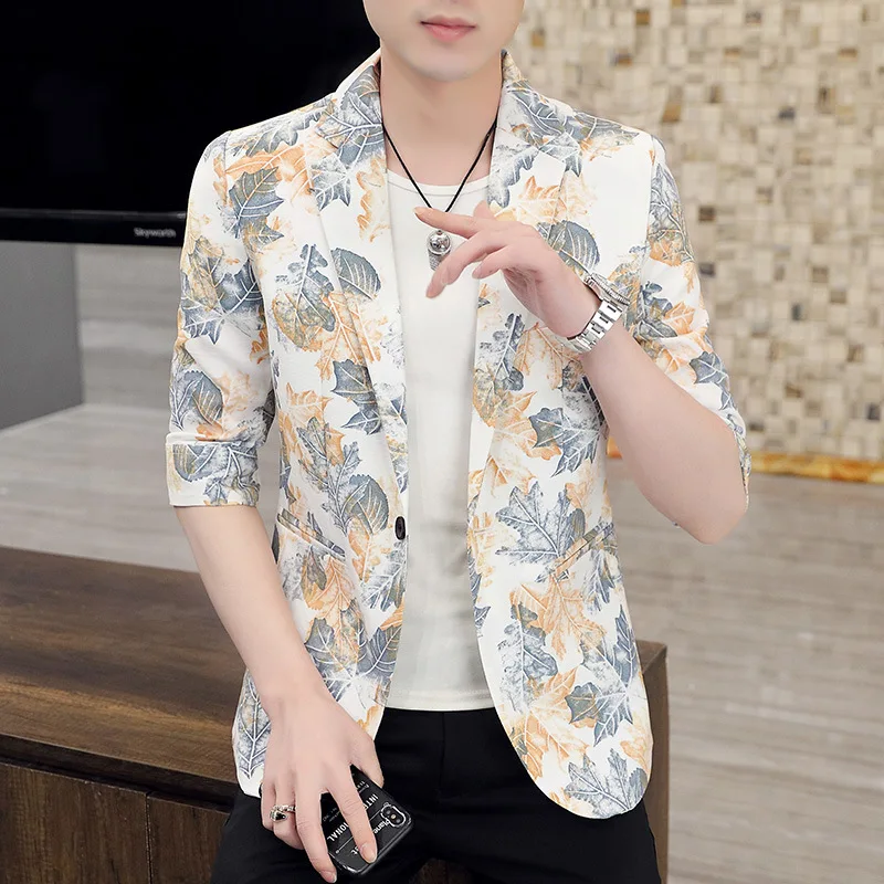 HOO 2024 Men's Spring and Summer Thin Middle-Sleeve Floral-Print blazer Youth Slim   blazers