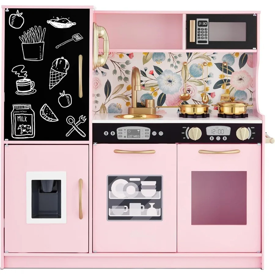 

Pretend Play Kitchen Wooden Toy Set for Kids w/Realistic Design, Telephone, Utensils, Oven, Microwave, Sink - Pink Floral