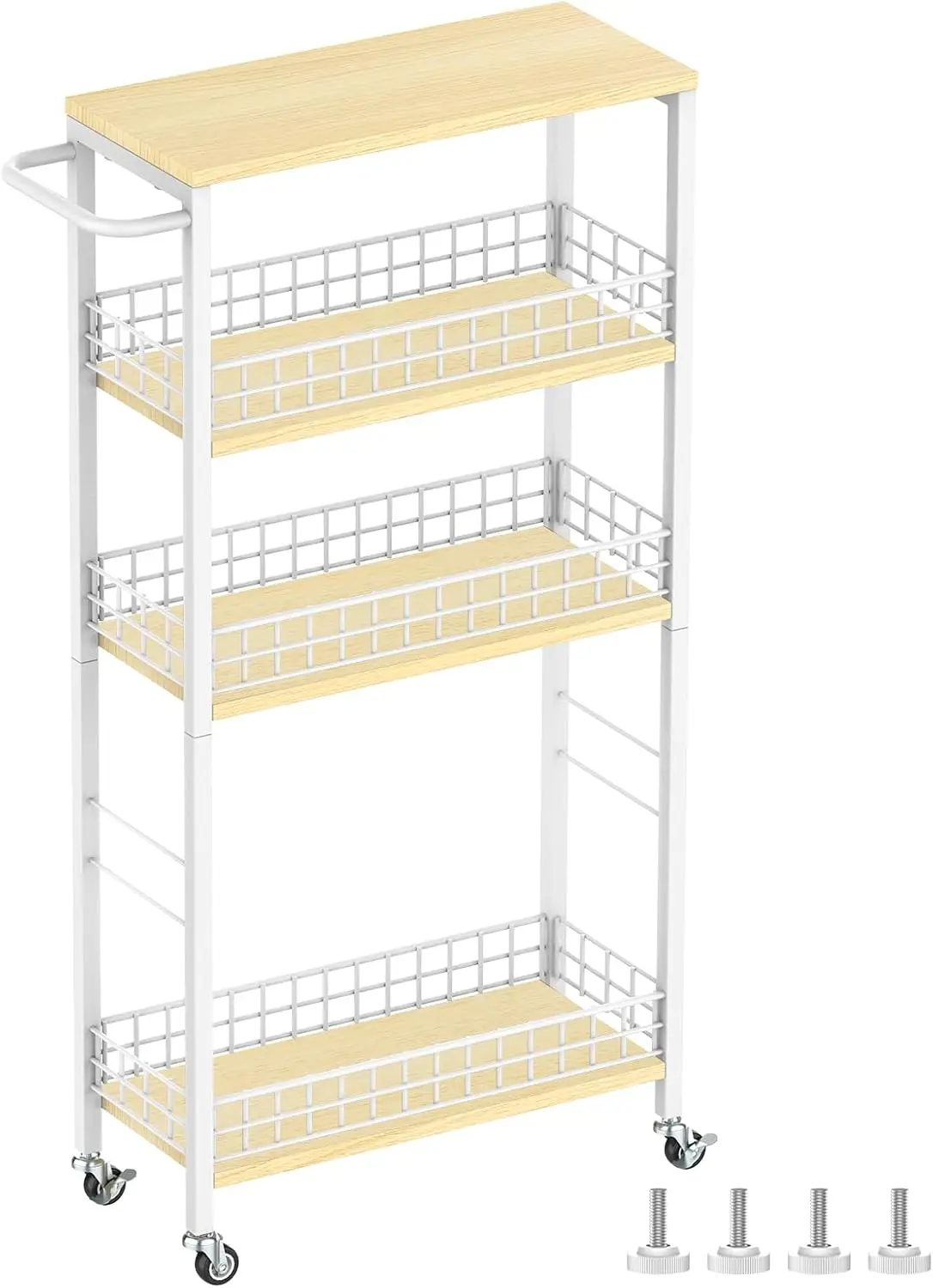 

Узкая 4-ярусная тележка для хранения на колесиках, белая, для кухни и прачечной, с деревянной столешницей