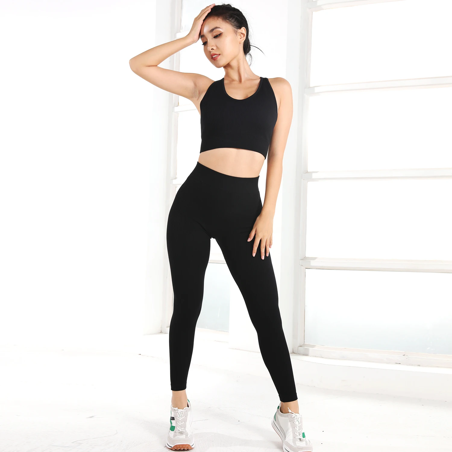 

Solid Fitness Clothing Women High Impact Sports Bra Workout Leggings Seamless Gym Set