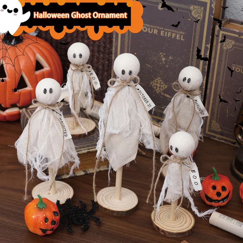 

3pcs Halloween Ghost Ornament Wooden Base Halloween Day Decoration Cute Ghost Tabletop Ornament DIY Party Gift