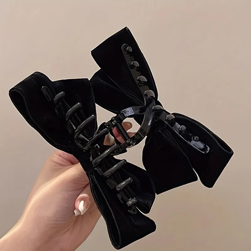 قطعة واحدة من مشبك شعر القوس المخملي الأنيق، إكسسوار شعر كبير على شكل فيونكة مخملية صلبة، مشبك سمك القرش للخريف والشتاء. #5