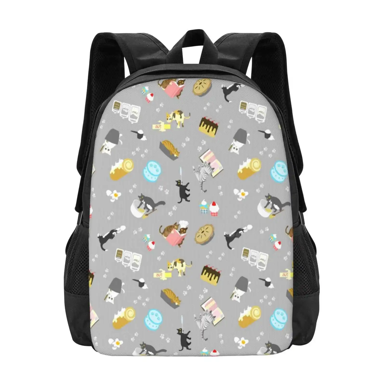 Cats Baking Cakes And Other Sweets , In Grey Pattern Design Bag Student'S Backpack Cat Kitty Kitten Baked Goods Baking Recipe