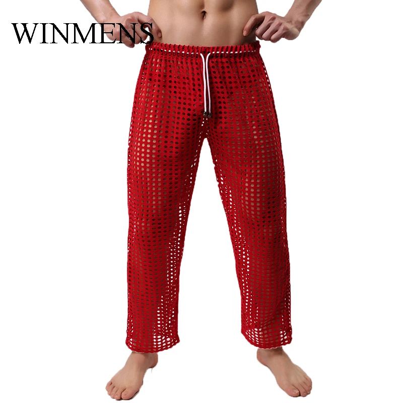 Men\'s Sleep Bottoms Cut-outs Fishnet Pajama Pants For Adult Gay Sissy Erotic See Through Bedtime Trousers Sheer Nightwear