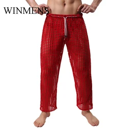 Men's Sleep Bottoms Cut-outs Fishnet Pajama Pants For Adult Gay Sissy Erotic See Through Bedtime Trousers Sheer Nightwear