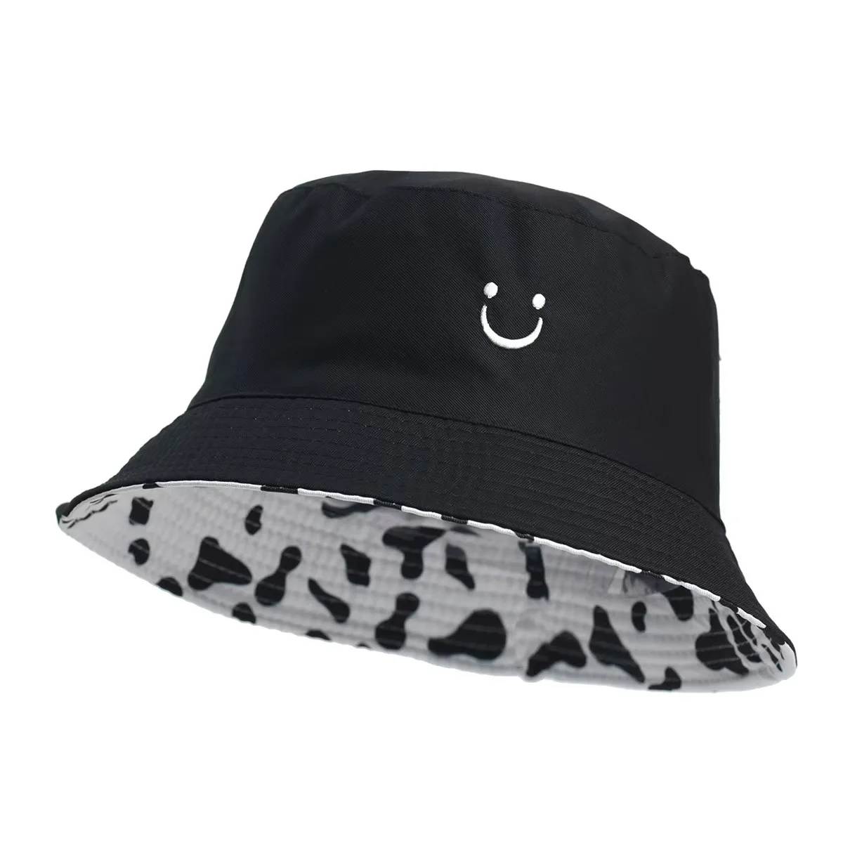 Cow Face Smile Print Double-Sided Fisherman Hat, Sun Protection Basin Sun Hat for Women Outdoor Beach Daily Travel Use