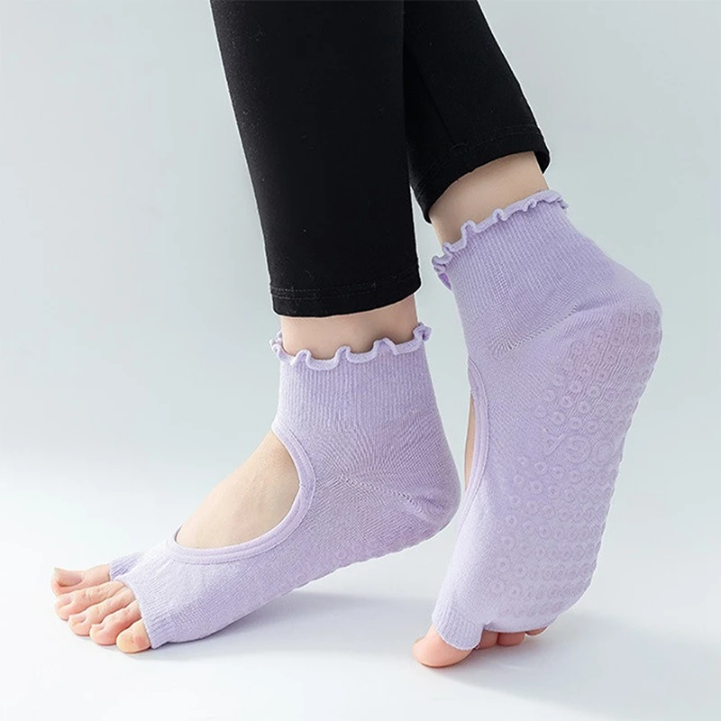 Summer Women Yoga Socks Non-Slip Silicone Grips Wave Selvedge Backless Cotton Two Fingers Toeless Pilates Ballet Half Toe Socks