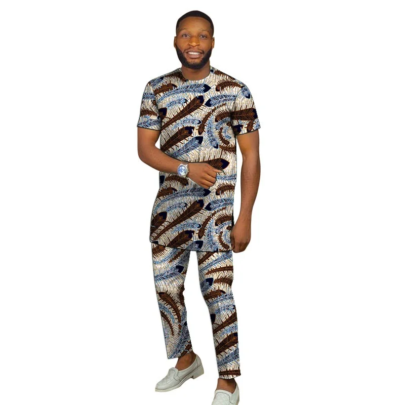 African Print Men\'s Set Short Sleeve Tops With Pant Nigerian Fashion Wax Male Wedding Party Garments