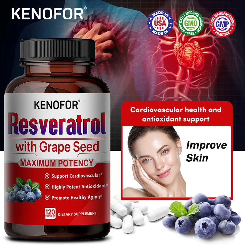 Resveratrol Capsules Antioxidant Anti-Aging Supplement Heart Health Joints Brain Function and Immune Health Vegetarian Non-GMO