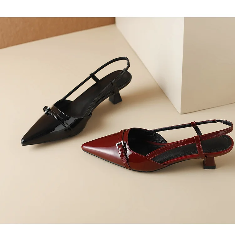 

Slip on Pointed Toe Sandals Buckle Slingbacks Mid Heels Pumps Sandalias Mujer New Summer Women's Dress Shoes Patent Leather