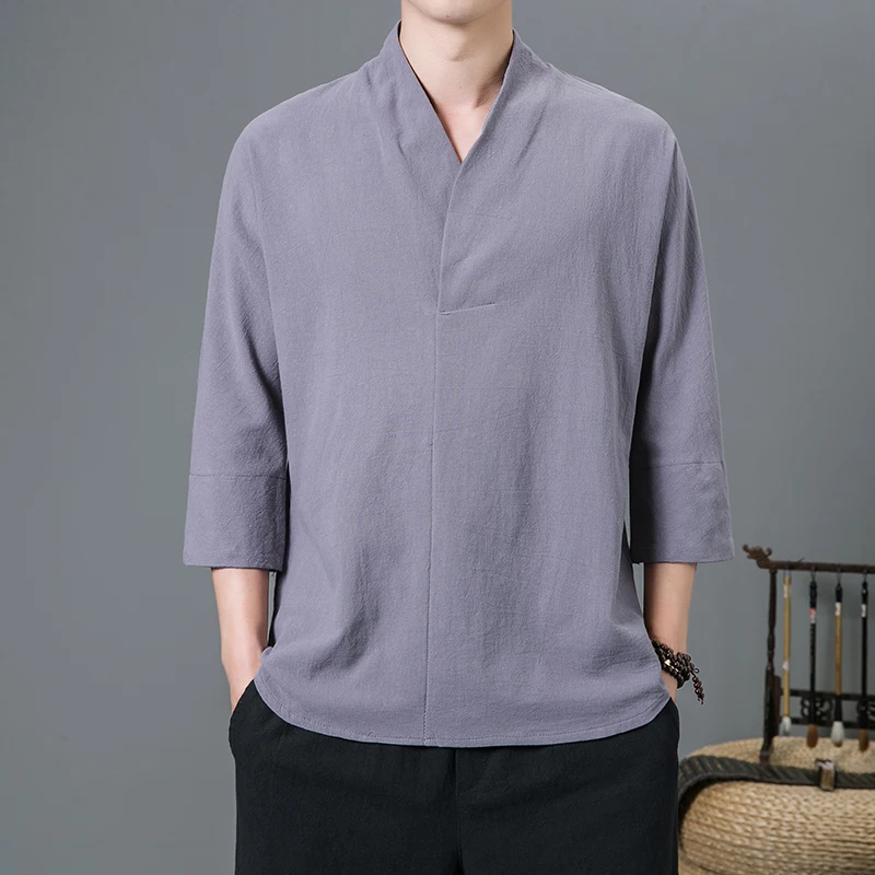 Hemp Shirt Men 2023 Mens Spring Long Sleeve V-Neck Shirts Men Soft Pure Slim Fit Chinese Style Linen Shirts Male Casual Blouse