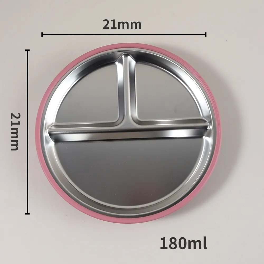 3-Compartment Stainless Steel & Food-Grade Silicone Shell, Simple Classic Design with 4 Strong Suction Plates Baby Feeding Set