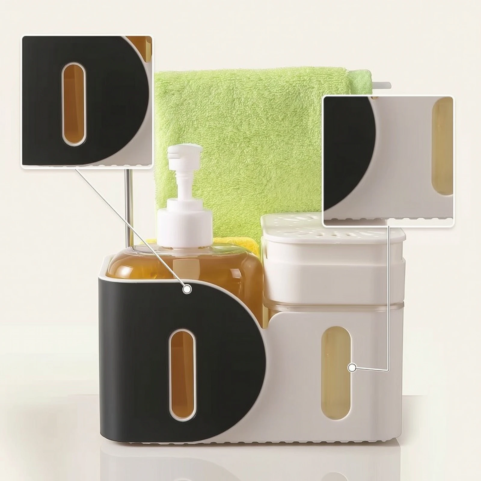 Sink Organizer with Pump Countertop Soap Dispenser with Towel Bar Two-Tone for Bathroom, Kitchen