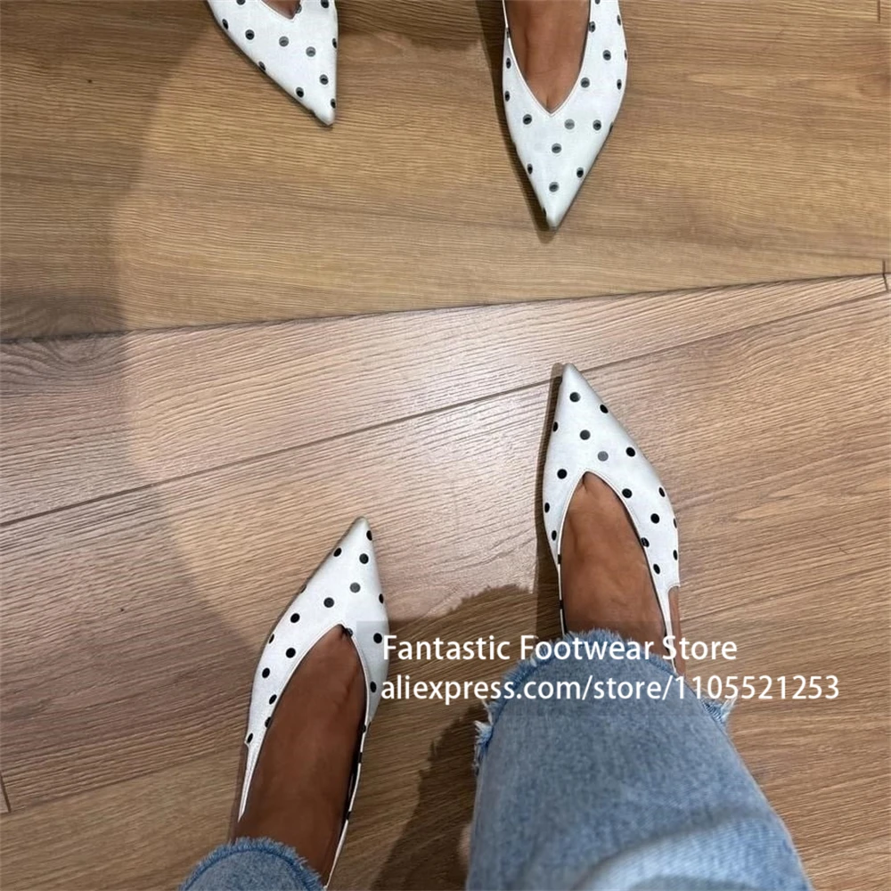 Black and White Polka Dot Satin Pumps Pointed Toe Slingback Elegant High Heels Sweet Designer Style Handmade Sandals for Women view 5