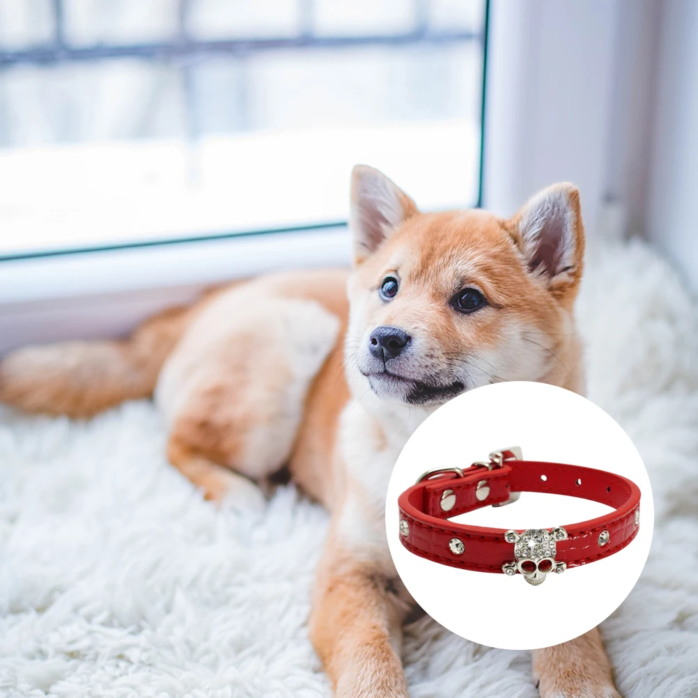 

1Pcs Halloween Pet Collars PU Skull Design Stylish Crystal Dog Collars Size L Perfect Fit Party Costume Puppy Collar