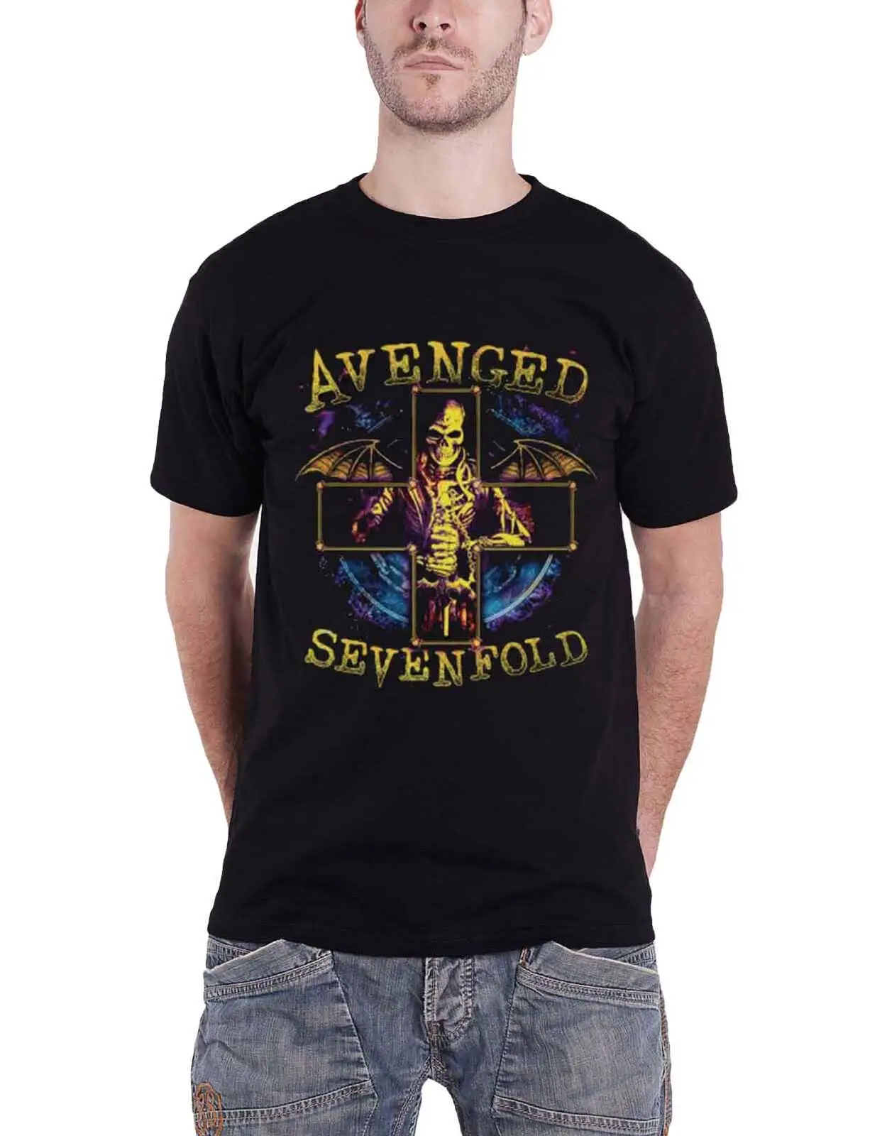 

Avenged Sevenfold T Shirt Bat Skull Crucifix band logo Official mens black Size