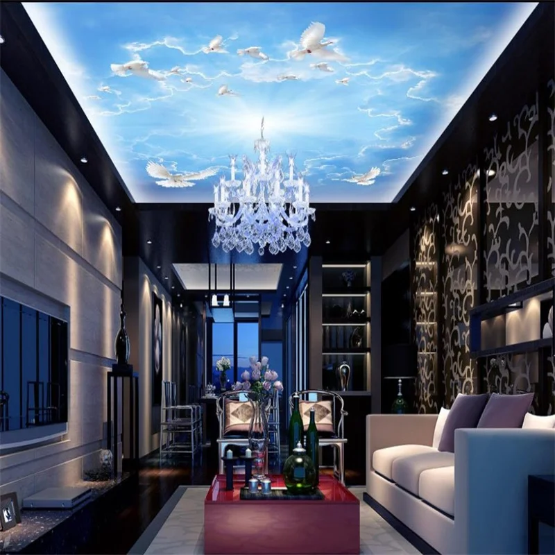 

Europea 3D Ceiling Stickers Blue Sky Pigeons Custom Ceiling Wallpaper 3D Silk Wall Murals For Living Room Bedroom Home Decor