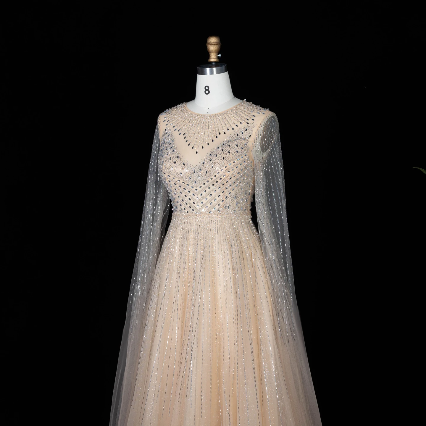 Sharon Said Luxuriöse Dubai Perlen-Kristall-Tüll-Abendkleider Elegante Cape-Ärmel Formelle Ballkleider SS054 Maßanfertigung – Detail 26