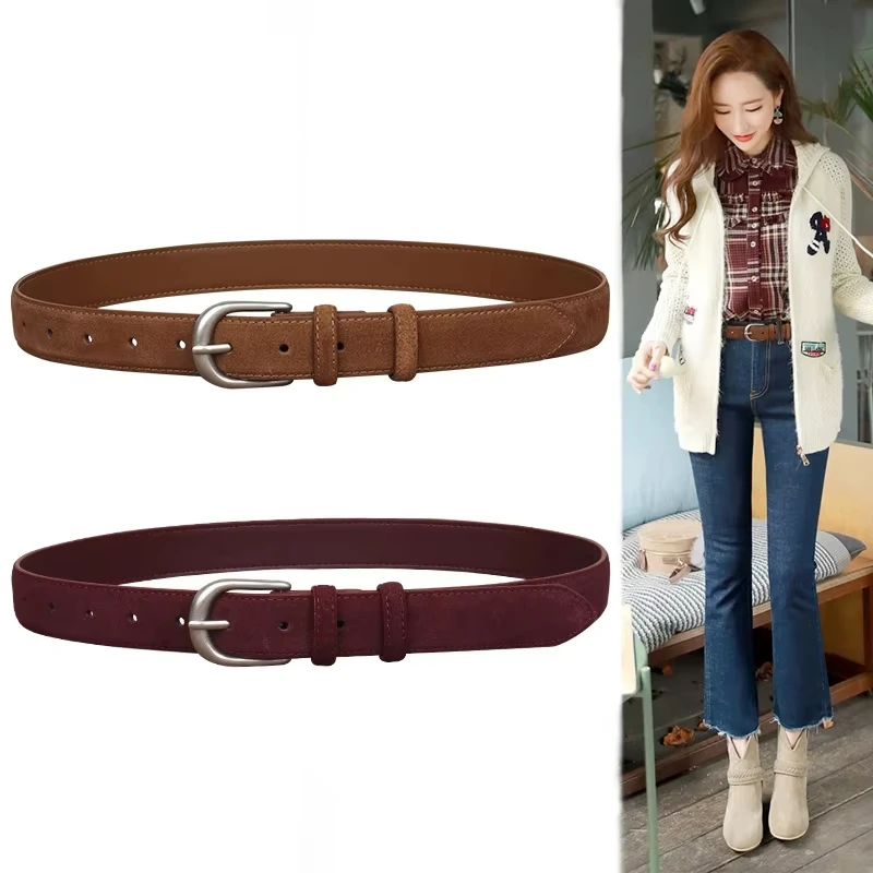 

`Vintage Women's Genuine Leather Belt Snow Suede Cowhide Gold Buckle Adjustable for Jeans & Dresses`