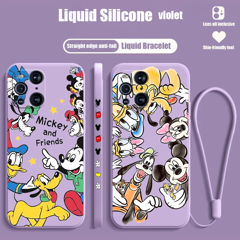 Animation Mickey Minnie Daisy For OPPO Find X6 X5 X3 X2 Pro Lite Liquid Left Rope Silicone Cover Phone Case