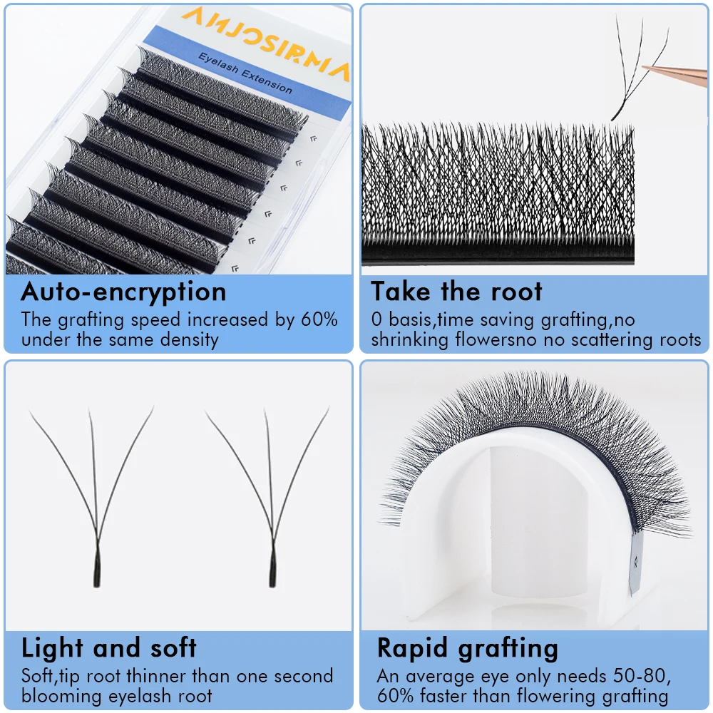 ANJOSIRMA W-Shaped Eyelash Extensions, 3 Tips, C Curl, D Curl, DD Curl,Individual Lash 5 cases/lot, High Quality