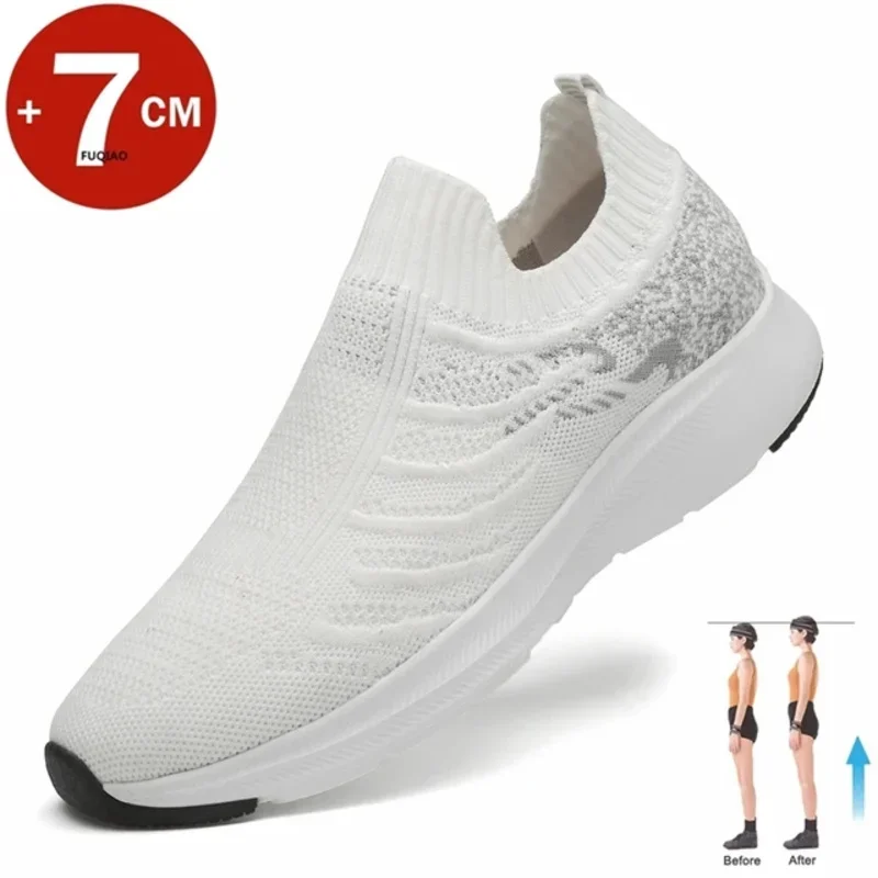 Zapatillas deportivas de malla transpirable para hombre, zapatos deportivos informales sin cordones, de alta calidad, con aumento de altura, 7CM