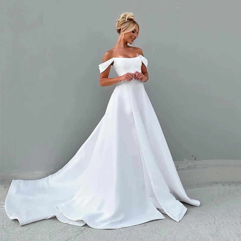 Abiti da sposa bianchi a trapezio Abito da sposa semplice con spalle scoperte Boho Beach Princess Civil 2024 Personalizza su misura Stupendo