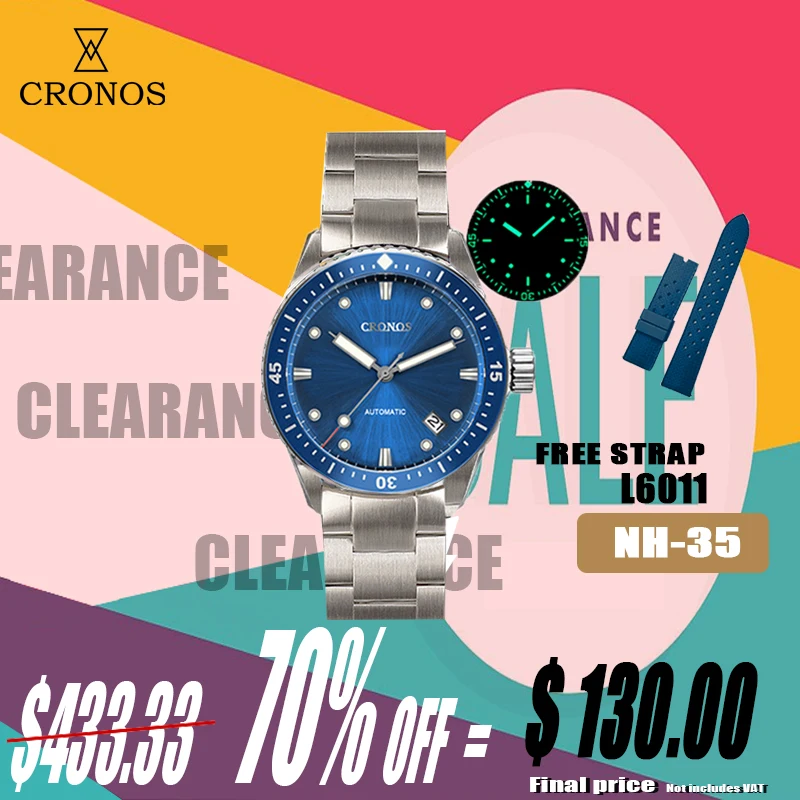 Cronos Diver Men Watch Fifty Fathoms Sunray Dial Date Automatic NH35 200M Water Resistant Rotating Ceramic Bezel L6011M