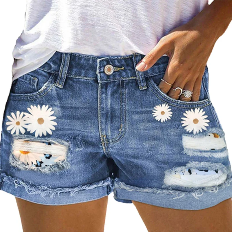 

Fashion Broken Holes Patchwork Flower Print Denim Shorts Women Three Quarter Pants Female Comfortable Casual Commuter Mini Jeans