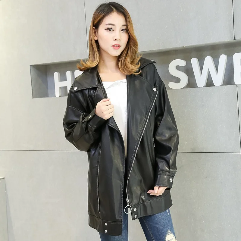 2023 Winter New Thick Leather Coat Women Mid Length Version Loose Large Size Slim Fit Versatile Hip Hop Female Leather Coat