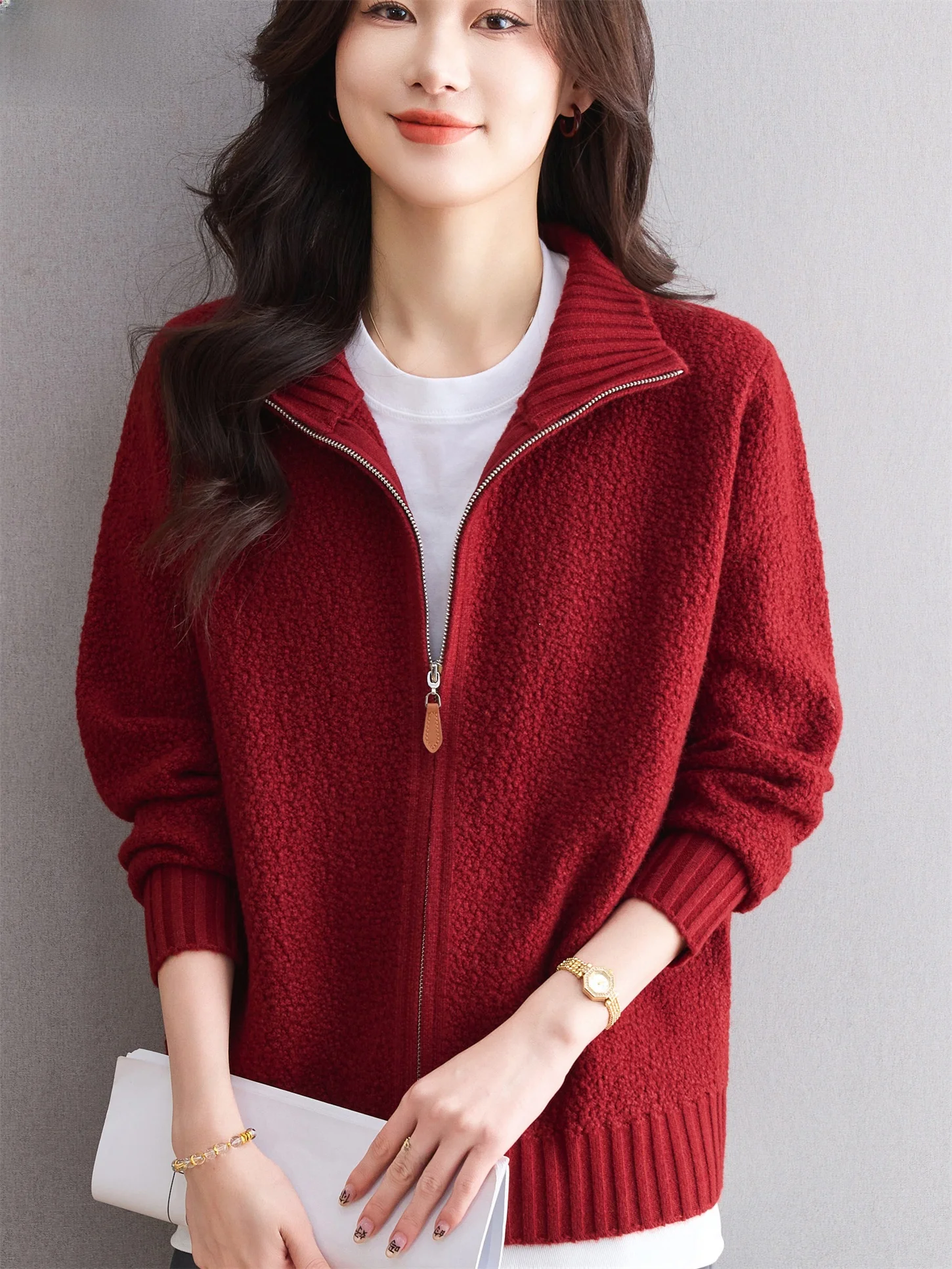 

Spring Autumn New Sle Mommy Woolen Sweater Coat Stand Collar Loose Women Outerwear Zipper Knitted Top for Middle-Aged And E...