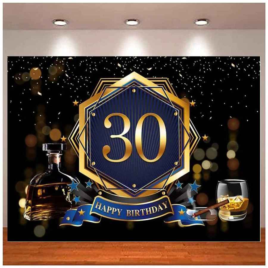 Black Photo Background Gold Blue Stars Whiskey Wine Glass Cigar Man 30th Happy Birthday Party Banner Photography Backdrop